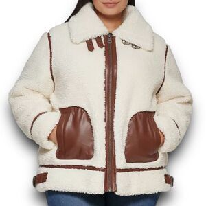 Levis‎ Jacket WMNS 2X Cream Faux Sherpa Full Zip Brown Teddy Moto High Neck Cozy